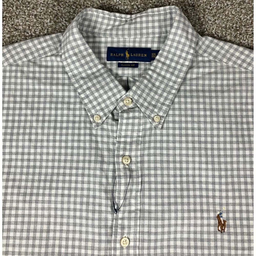Ralph Lauren Mens Classic Fit Gingham Button Down Shirt Grey White XXL